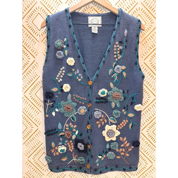 Erika Sweaters - Vintage Cottagecore Sweater Vest Women M Blue Floral Embroidered Crochet Nature
